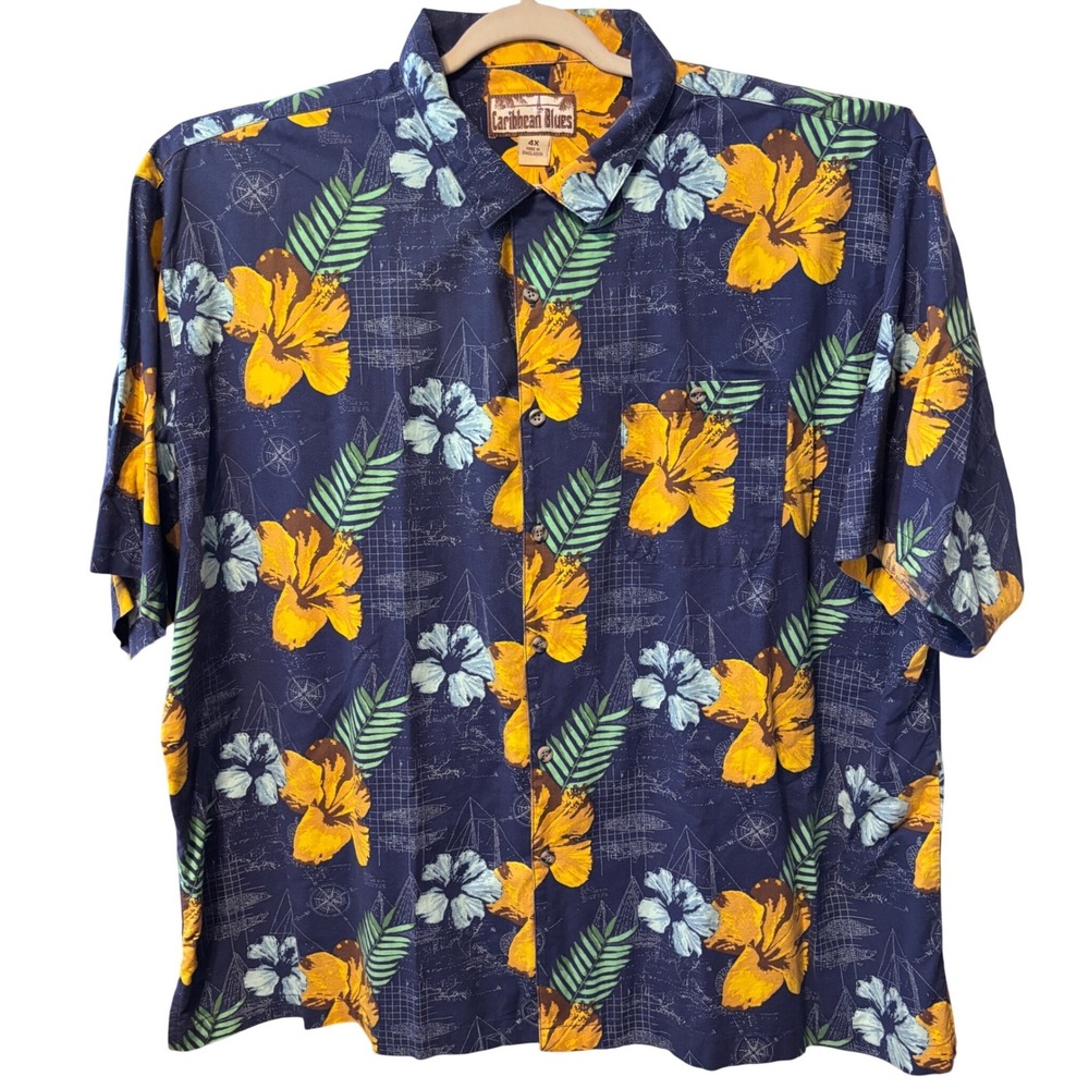 Caribbean Blues Button Down Men 4X Navy Blue Excellent Tropical Hibiscus Cotton